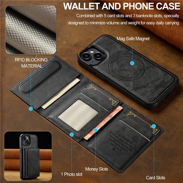 LC.IMEEKE L5 For iPhone 14 Plus Magnetic Phone Case Leather Back Cover with Detachable Card Holder - Black