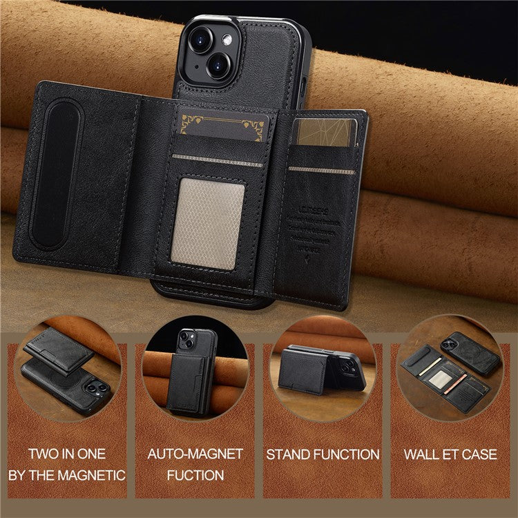 LC.IMEEKE L5 For iPhone 14 Plus Magnetic Phone Case Leather Back Cover with Detachable Card Holder - Black
