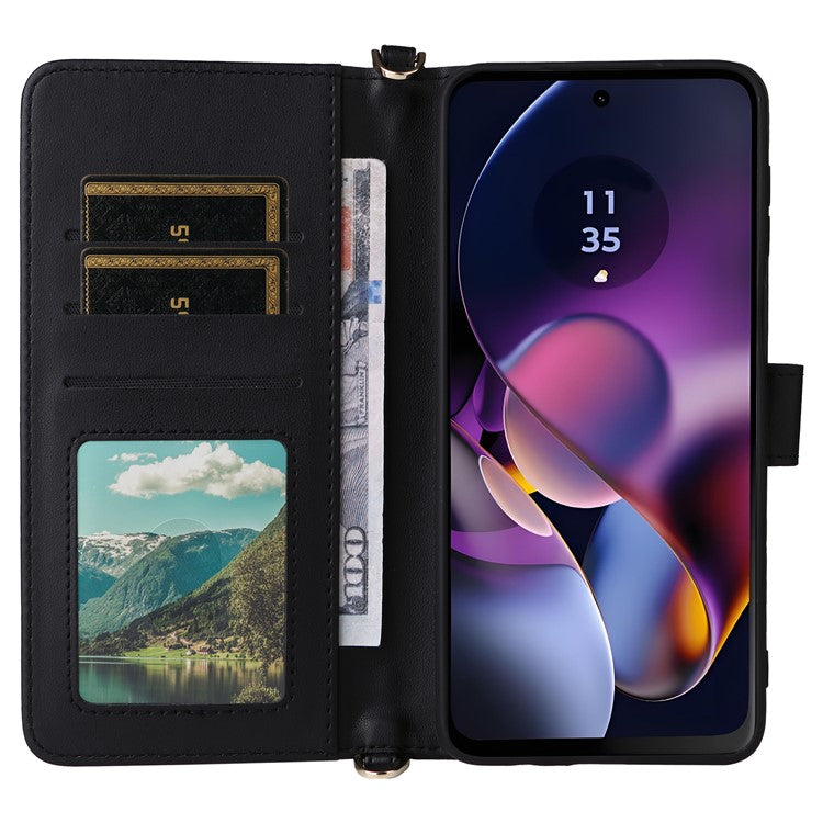 Wallet Phone Case for Motorola Moto G64y 5G / G64 5G / G54 Power 5G / G54 5G Leather Cover with Shoulder / Wrist Strap - Black