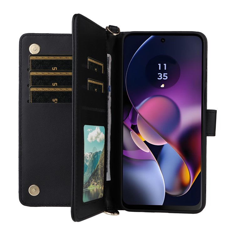 Wallet Phone Case for Motorola Moto G64y 5G / G64 5G / G54 Power 5G / G54 5G Leather Cover with Shoulder / Wrist Strap - Black