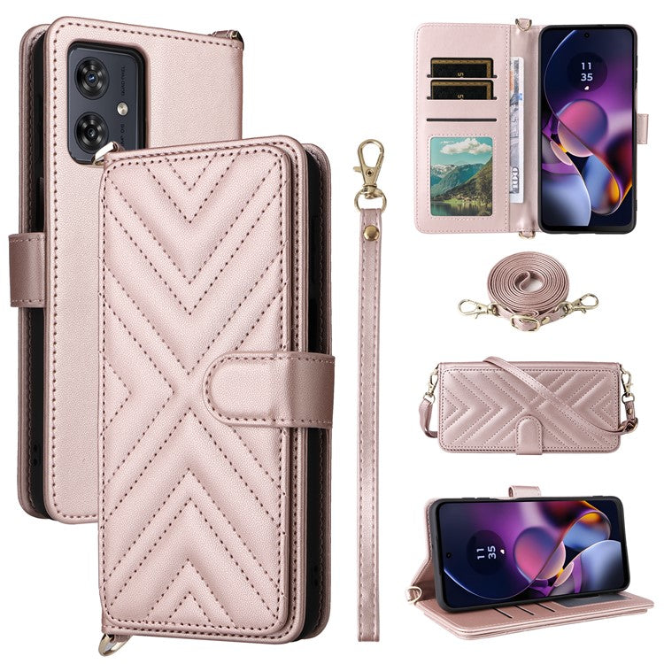 Wallet Phone Case for Motorola Moto G64y 5G / G64 5G / G54 Power 5G / G54 5G Leather Cover with Shoulder / Wrist Strap - Pink