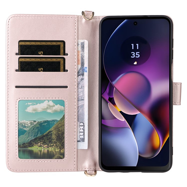 Wallet Phone Case for Motorola Moto G64y 5G / G64 5G / G54 Power 5G / G54 5G Leather Cover with Shoulder / Wrist Strap - Pink