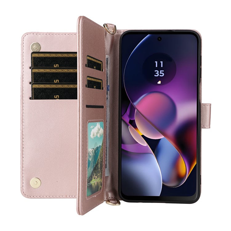 Wallet Phone Case for Motorola Moto G64y 5G / G64 5G / G54 Power 5G / G54 5G Leather Cover with Shoulder / Wrist Strap - Pink
