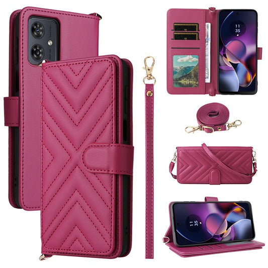Wallet Phone Case for Motorola Moto G64y 5G / G64 5G / G54 Power 5G / G54 5G Leather Cover with Shoulder / Wrist Strap - Rose
