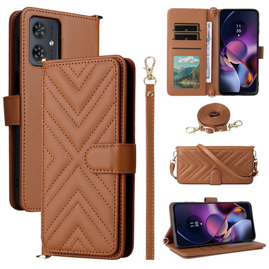 Wallet Phone Case for Motorola Moto G64y 5G / G64 5G / G54 Power 5G / G54 5G Leather Cover with Shoulder / Wrist Strap - Brown