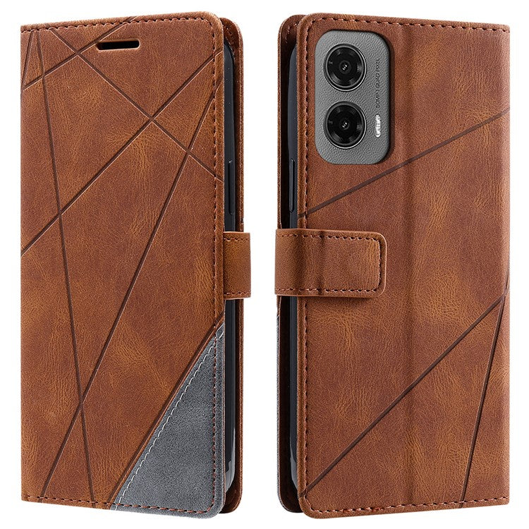 For Motorola Moto G35 5G Case Imprinted Lines PU Leather Splicing Wallet Phone Cover - Brown