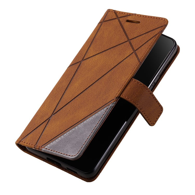 For Motorola Moto G35 5G Case Imprinted Lines PU Leather Splicing Wallet Phone Cover - Brown