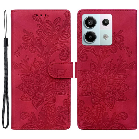 For Xiaomi Redmi Note 13 Pro 5G Case Imprinted Lace Flowers PU Leather Wallet Phone Cover - Red