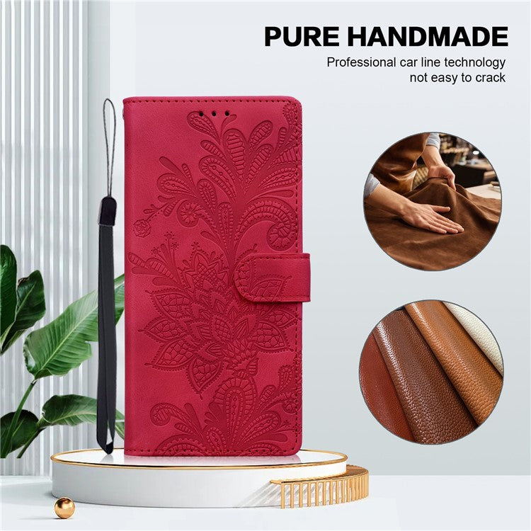 For Xiaomi Redmi Note 13 Pro 5G Case Imprinted Lace Flowers PU Leather Wallet Phone Cover - Red