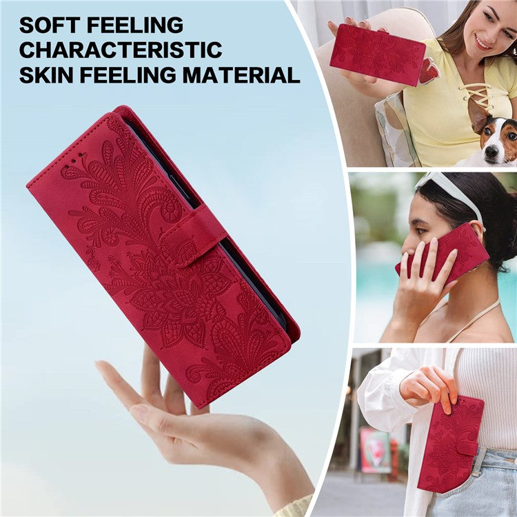 For Xiaomi Redmi Note 13 Pro 5G Case Imprinted Lace Flowers PU Leather Wallet Phone Cover - Red
