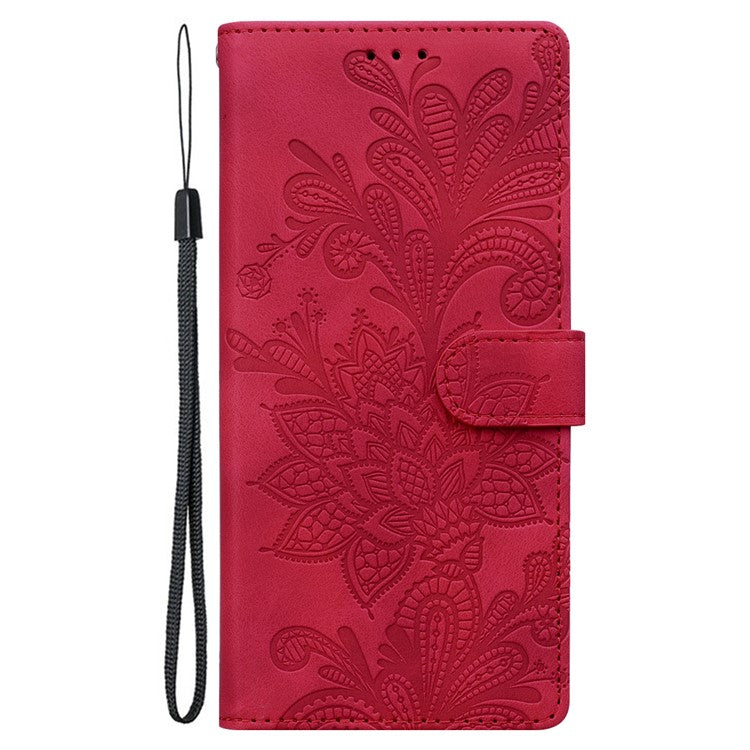 For Xiaomi Redmi Note 13 Pro 5G Case Imprinted Lace Flowers PU Leather Wallet Phone Cover - Red