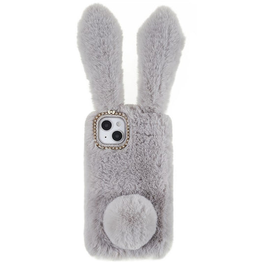 For iPhone 14 Plus Cute 3D Bunny Ears Furry Winter Warm Case Bump Proof TPU Protective Phone Cover with Glitter Rhinestone Bowknot - Light Grey