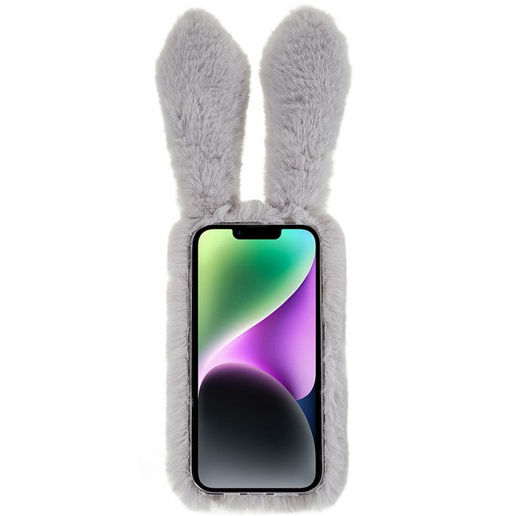 For iPhone 14 Plus Cute 3D Bunny Ears Furry Winter Warm Case Bump Proof TPU Protective Phone Cover with Glitter Rhinestone Bowknot - Light Grey