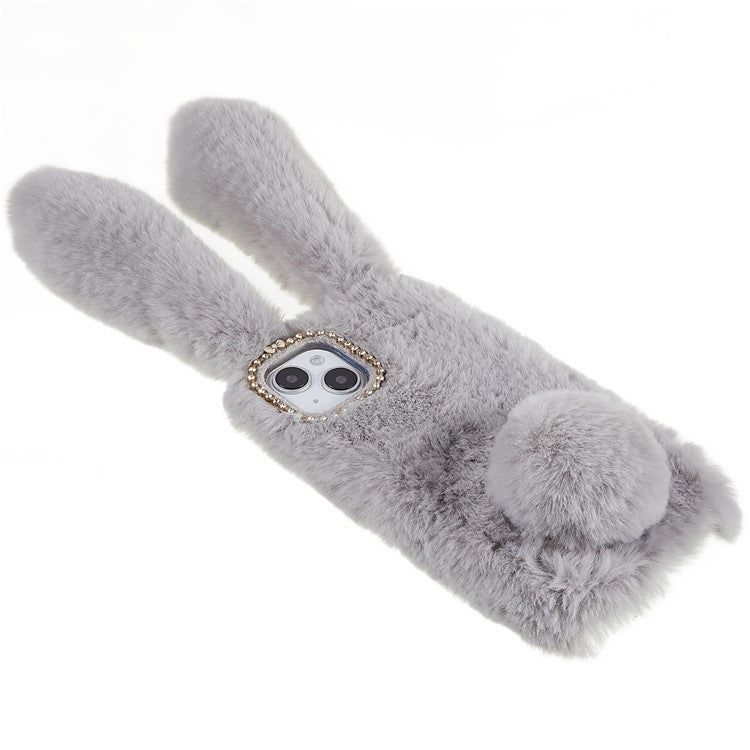 For iPhone 14 Plus Cute 3D Bunny Ears Furry Winter Warm Case Bump Proof TPU Protective Phone Cover with Glitter Rhinestone Bowknot - Light Grey