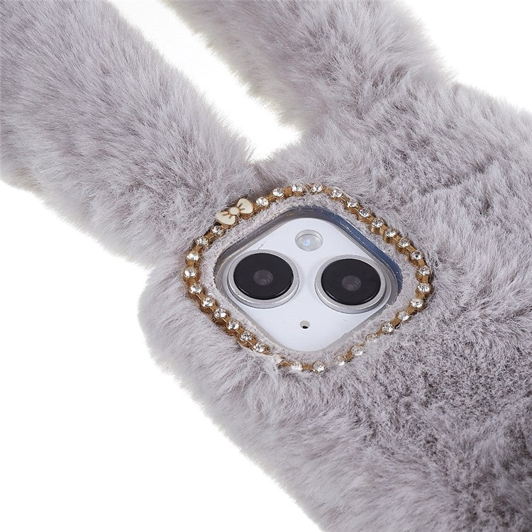 For iPhone 14 Plus Cute 3D Bunny Ears Furry Winter Warm Case Bump Proof TPU Protective Phone Cover with Glitter Rhinestone Bowknot - Light Grey