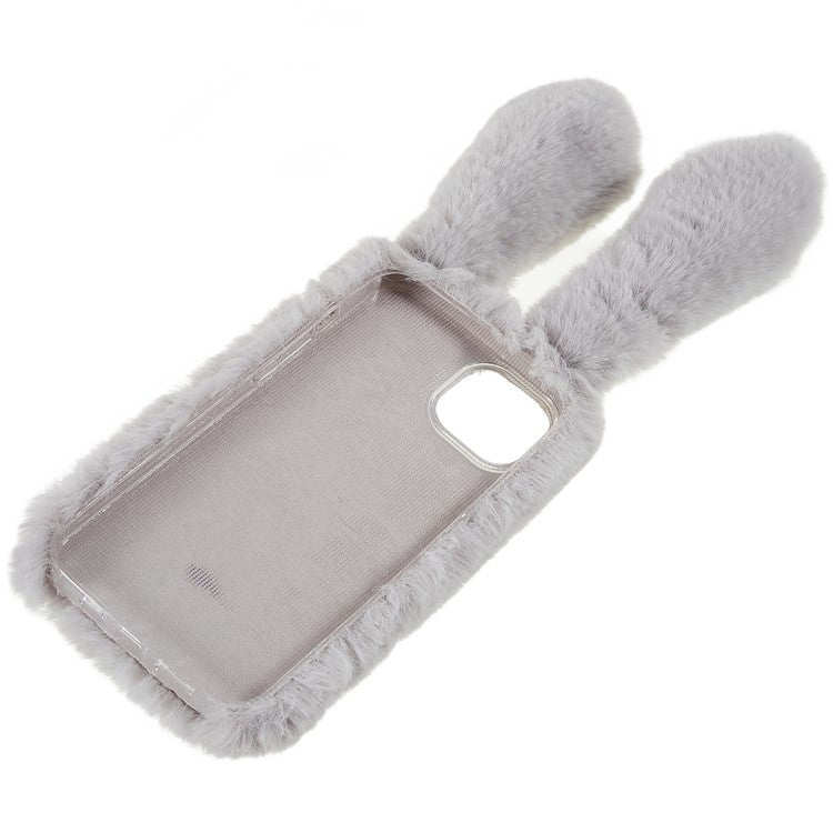 For iPhone 14 Plus Cute 3D Bunny Ears Furry Winter Warm Case Bump Proof TPU Protective Phone Cover with Glitter Rhinestone Bowknot - Light Grey