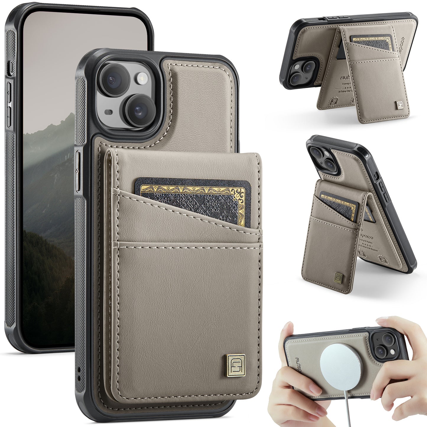 For iPhone 14 Case AUTSPACE A12 Leather Phone Case with Detachable Card Bag - Grey