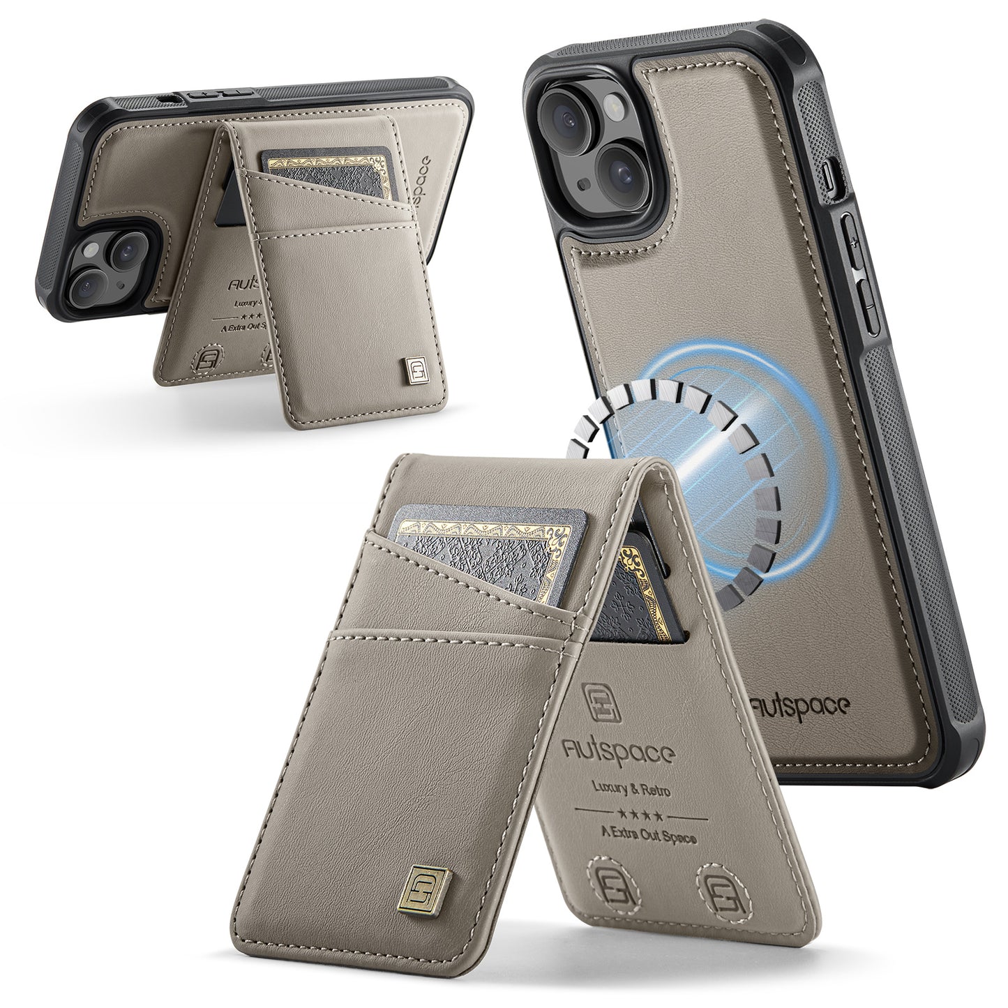 For iPhone 14 Case AUTSPACE A12 Leather Phone Case with Detachable Card Bag - Grey