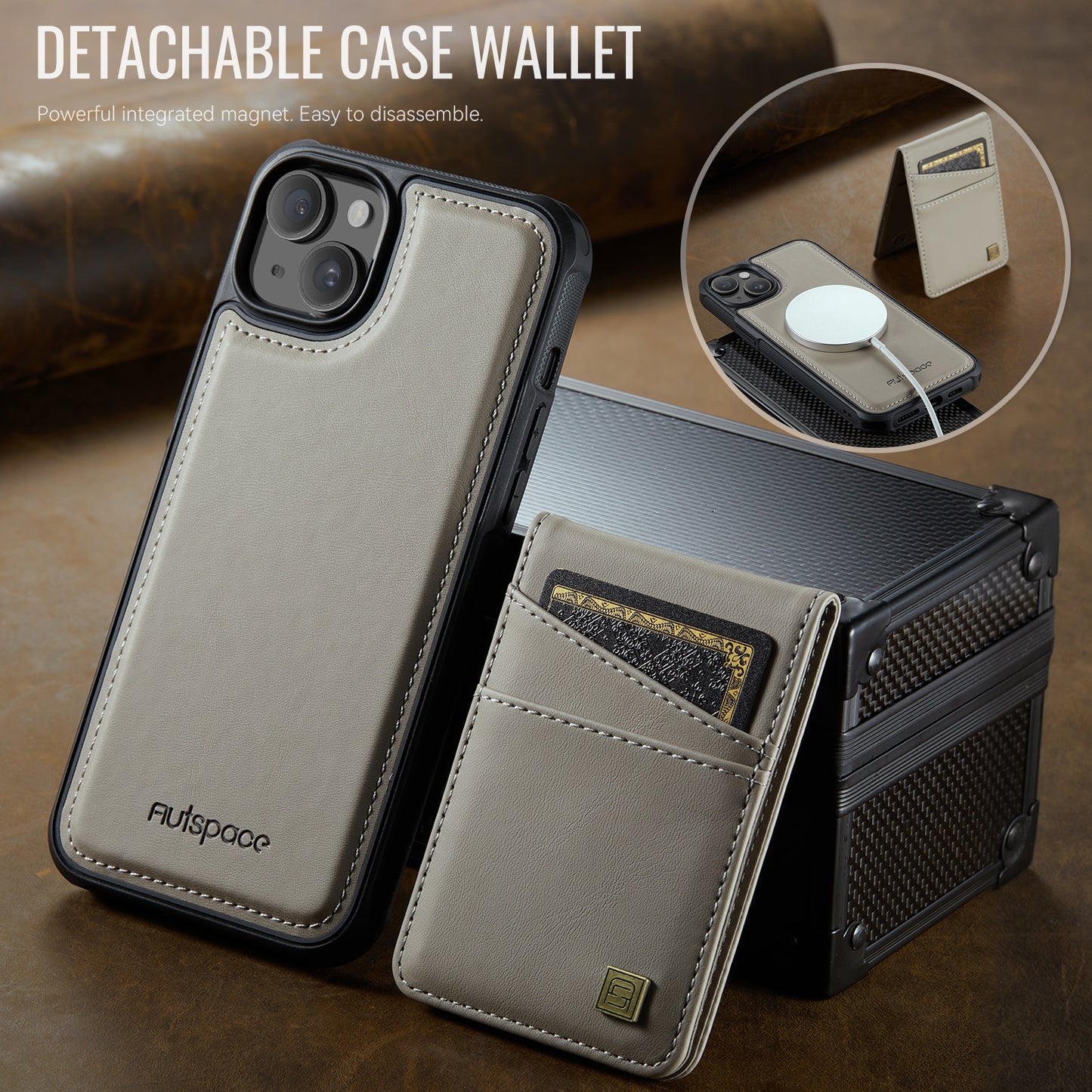 For iPhone 14 Case AUTSPACE A12 Leather Phone Case with Detachable Card Bag - Grey