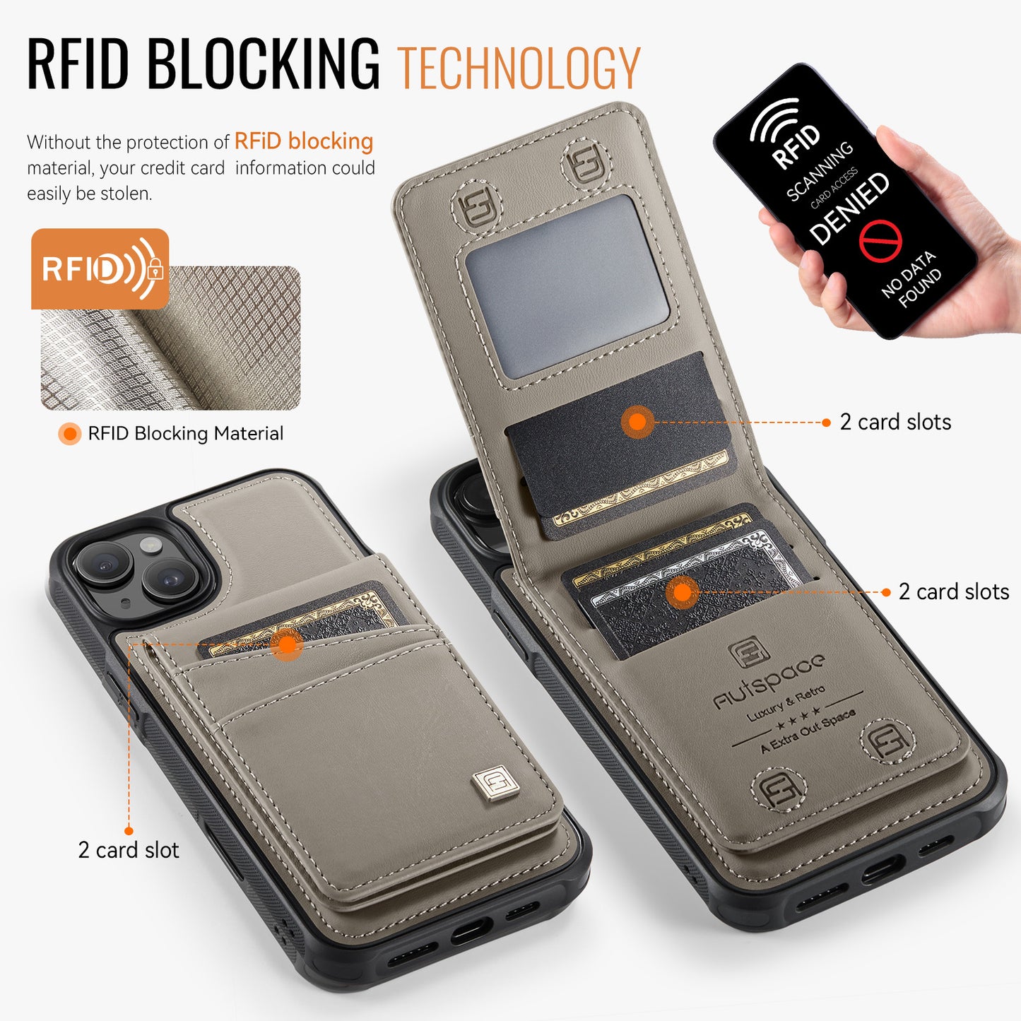 For iPhone 14 Case AUTSPACE A12 Leather Phone Case with Detachable Card Bag - Grey