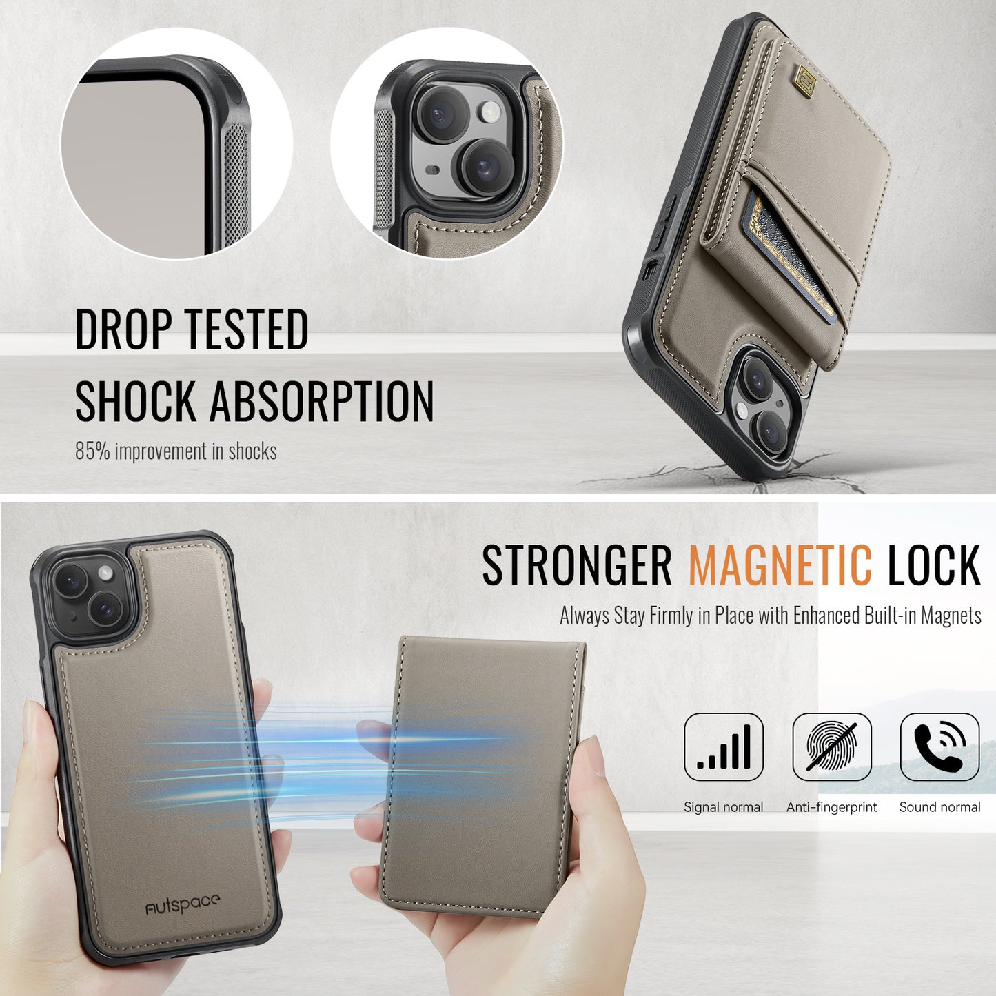 For iPhone 14 Case AUTSPACE A12 Leather Phone Case with Detachable Card Bag - Grey