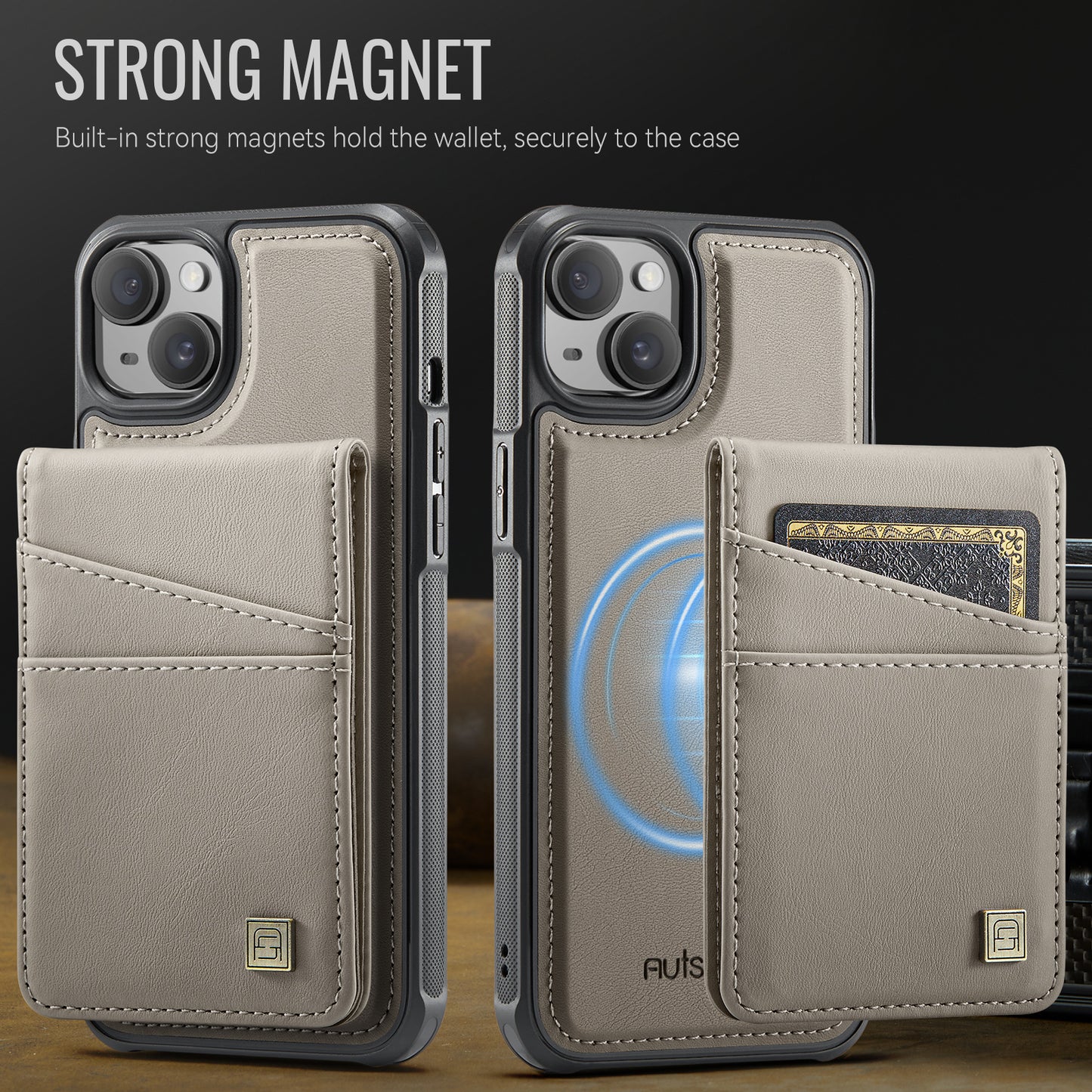 For iPhone 14 Case AUTSPACE A12 Leather Phone Case with Detachable Card Bag - Grey