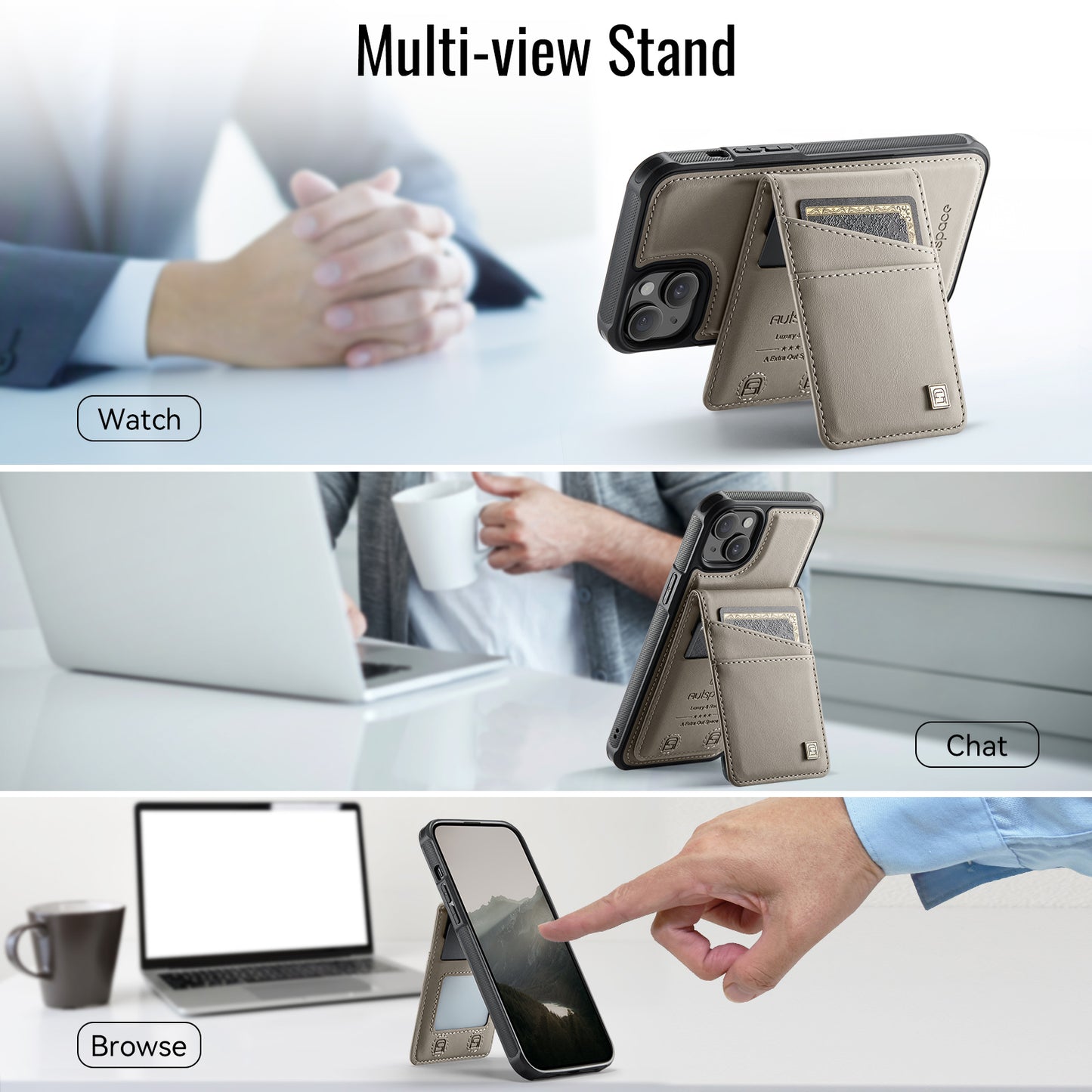 For iPhone 14 Case AUTSPACE A12 Leather Phone Case with Detachable Card Bag - Grey