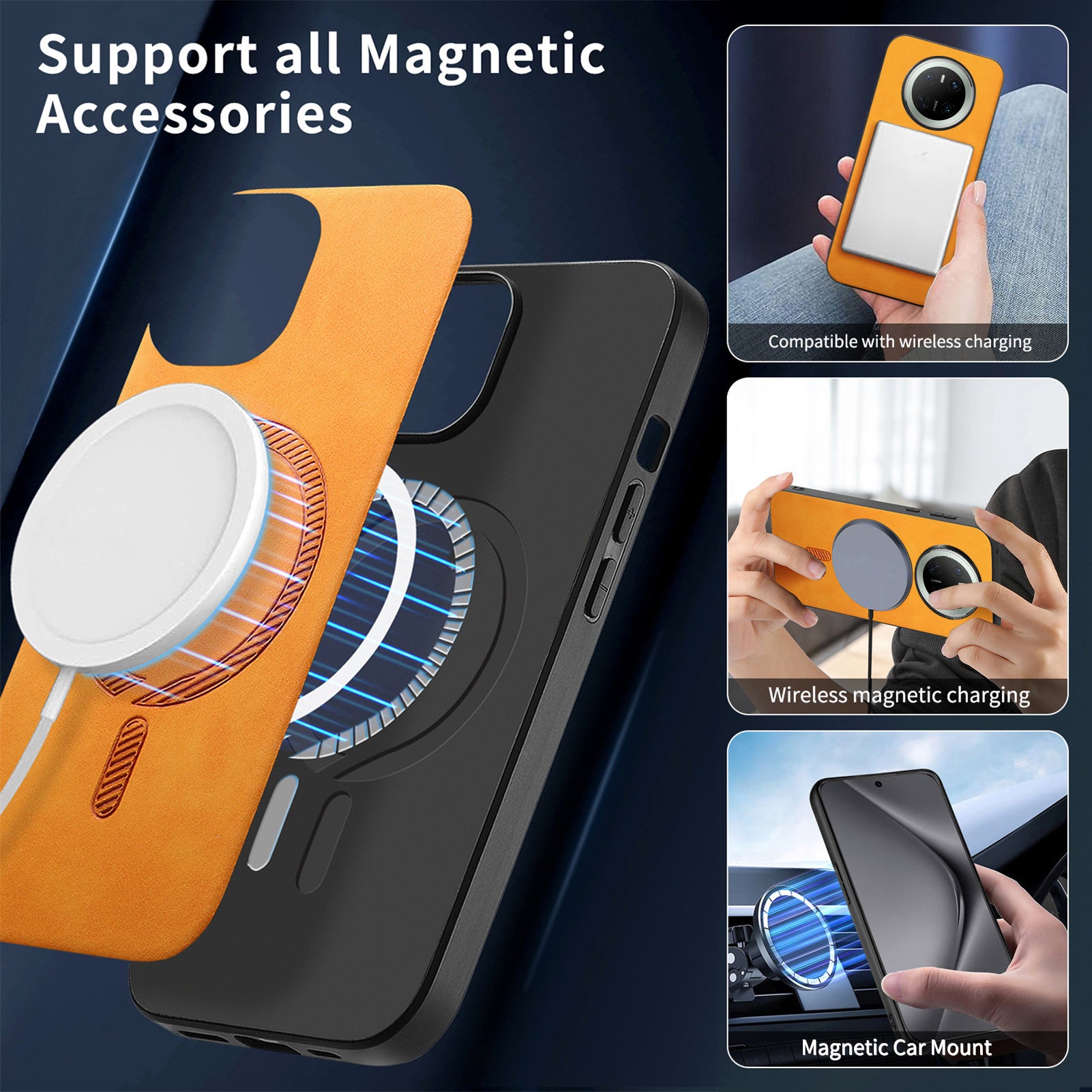 For Huawei Mate 70 Leather Back Case Compatible with MagSafe Skin-touch Phone Cover - Yellow