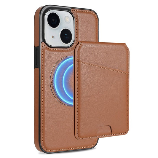 For iPhone 14 Case Compatible with MagSafe Detachable Card Holder Kickstand Leather Phone Back Cover - Brown