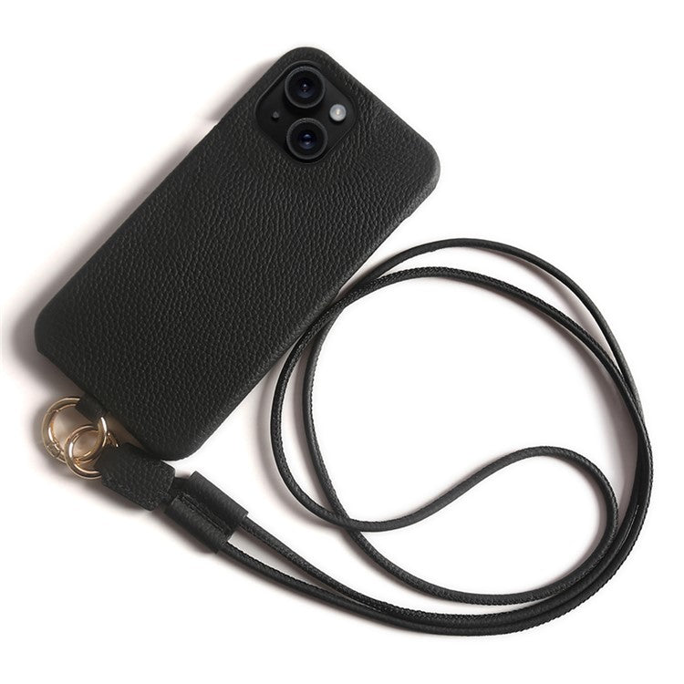 For iPhone 14 Case with Lanyard Genuine Cow Leather PC Phone Back Cover - Black