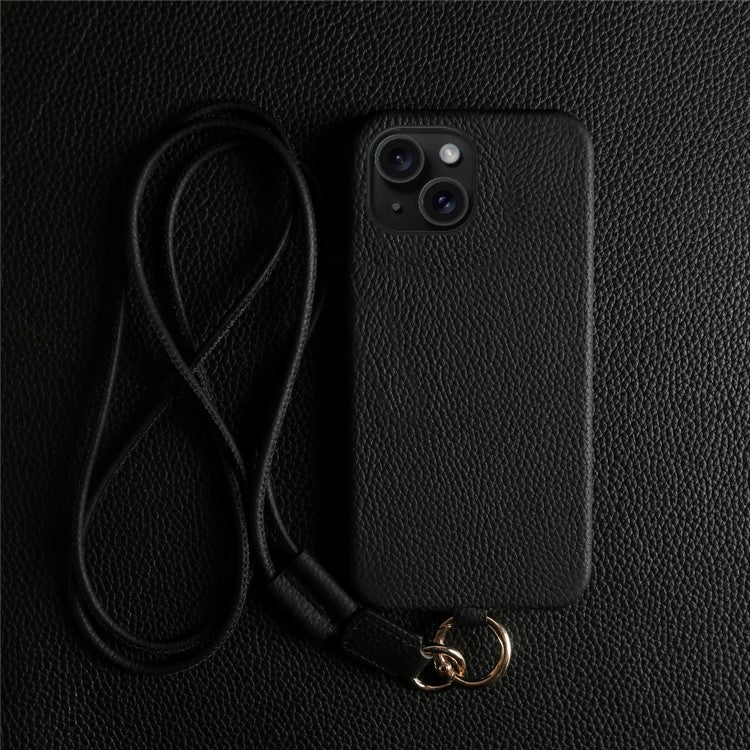 For iPhone 14 Case with Lanyard Genuine Cow Leather PC Phone Back Cover - Black