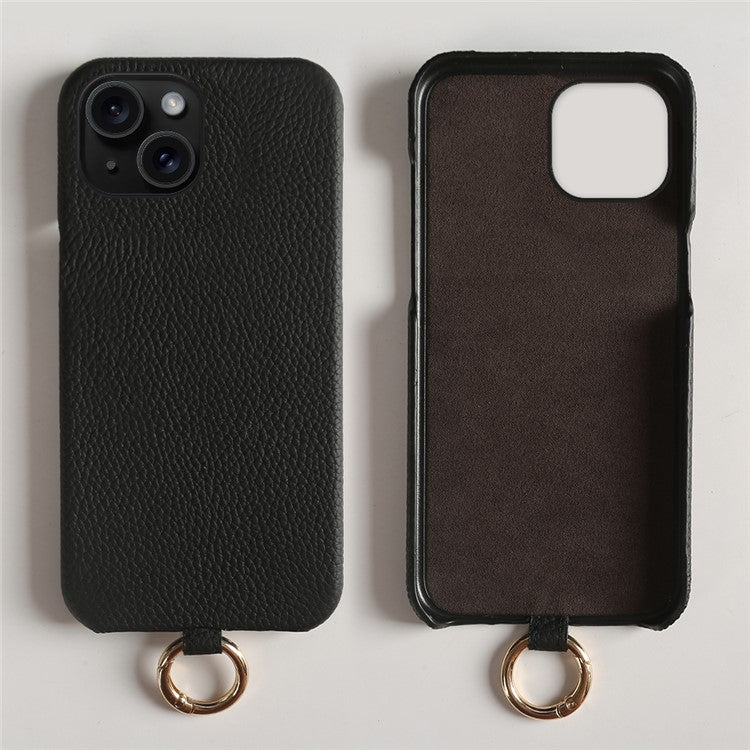 For iPhone 14 Case with Lanyard Genuine Cow Leather PC Phone Back Cover - Black
