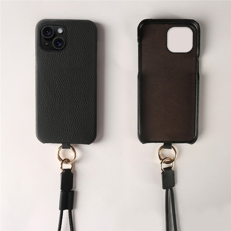 For iPhone 14 Case with Lanyard Genuine Cow Leather PC Phone Back Cover - Black