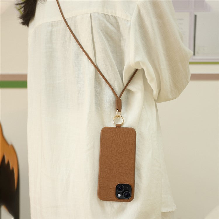 For iPhone 14 Case with Lanyard Genuine Cow Leather PC Phone Back Cover - Black