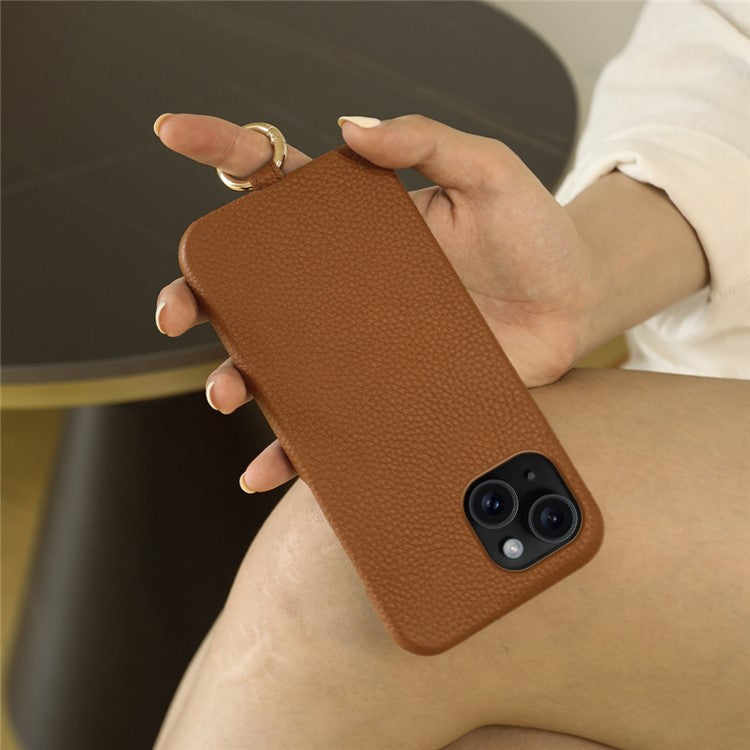 For iPhone 14 Case with Lanyard Genuine Cow Leather PC Phone Back Cover - Black