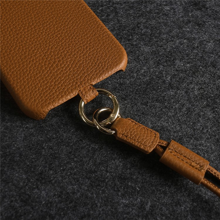 For iPhone 14 Case with Lanyard Genuine Cow Leather PC Phone Back Cover - Black