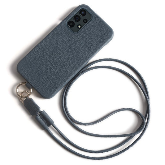 For Samsung Galaxy A13 4G Case with Lanyard Genuine Cow Leather PC Phone Back Cover - Blue