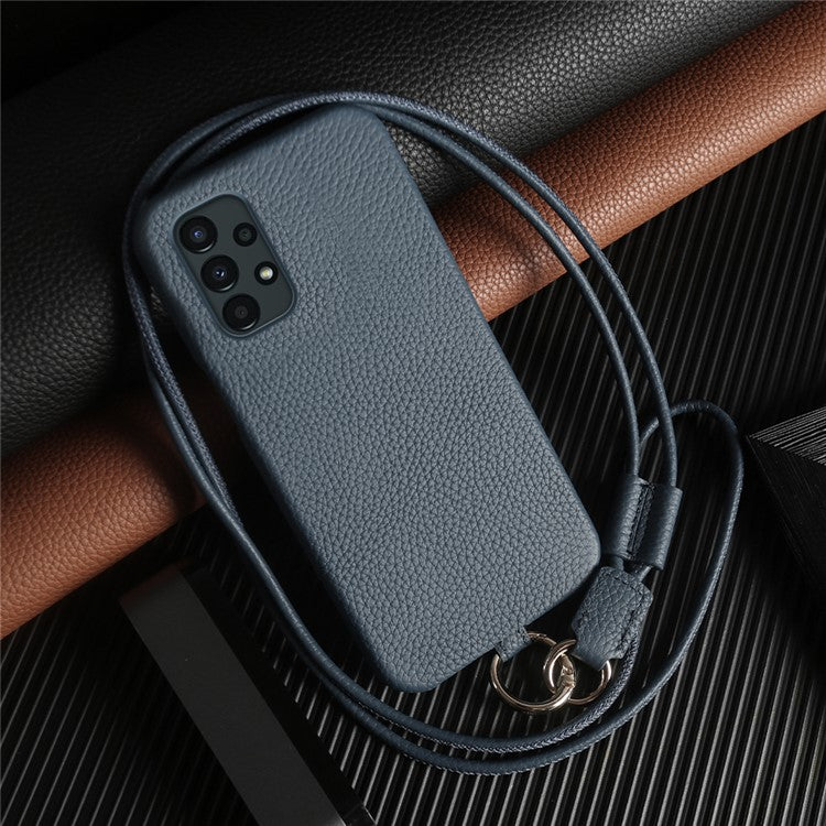 For Samsung Galaxy A13 4G Case with Lanyard Genuine Cow Leather PC Phone Back Cover - Blue