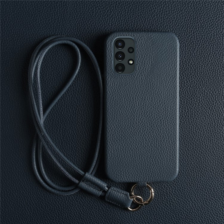 For Samsung Galaxy A13 4G Case with Lanyard Genuine Cow Leather PC Phone Back Cover - Blue