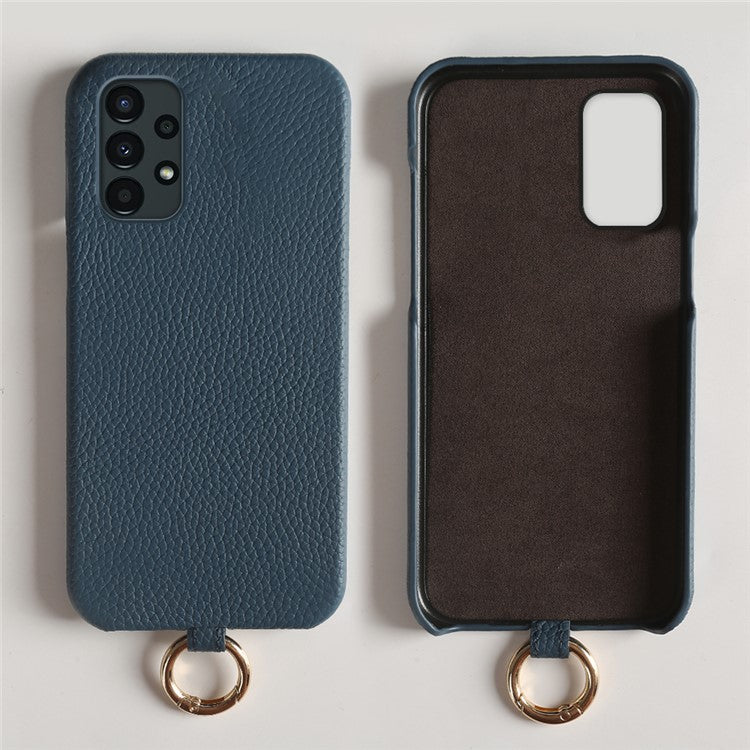 For Samsung Galaxy A13 4G Case with Lanyard Genuine Cow Leather PC Phone Back Cover - Blue
