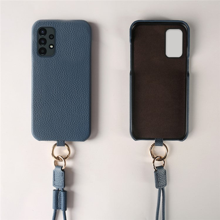 For Samsung Galaxy A13 4G Case with Lanyard Genuine Cow Leather PC Phone Back Cover - Blue