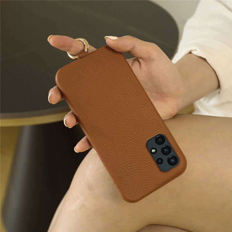 For Samsung Galaxy A13 4G Case with Lanyard Genuine Cow Leather PC Phone Back Cover - Blue