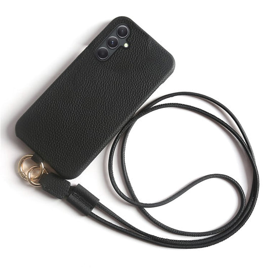For Samsung Galaxy A54 5G Case with Lanyard Genuine Cow Leather PC Phone Back Cover - Black