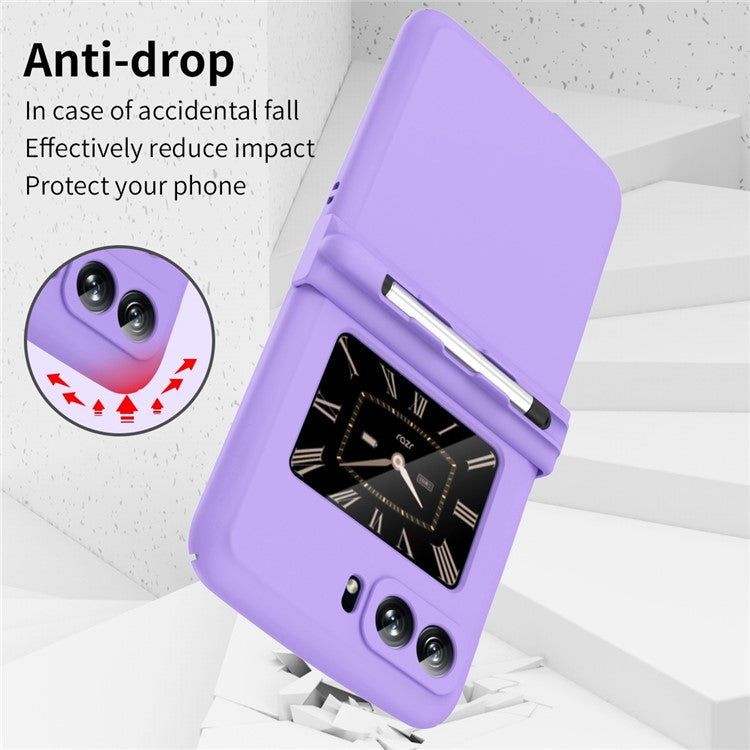 Macaron Series For Motorola Moto Razr 2022 5G Anti-drop Phone Case Skin-friendly PC Folding Phone Cover with Pen - Purple