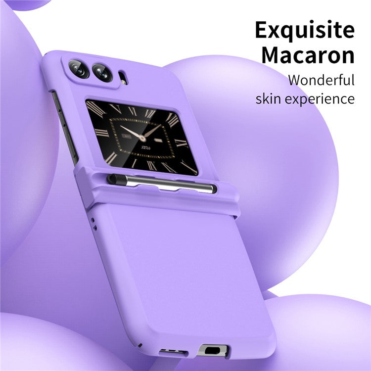Macaron Series For Motorola Moto Razr 2022 5G Anti-drop Phone Case Skin-friendly PC Folding Phone Cover with Pen - Purple