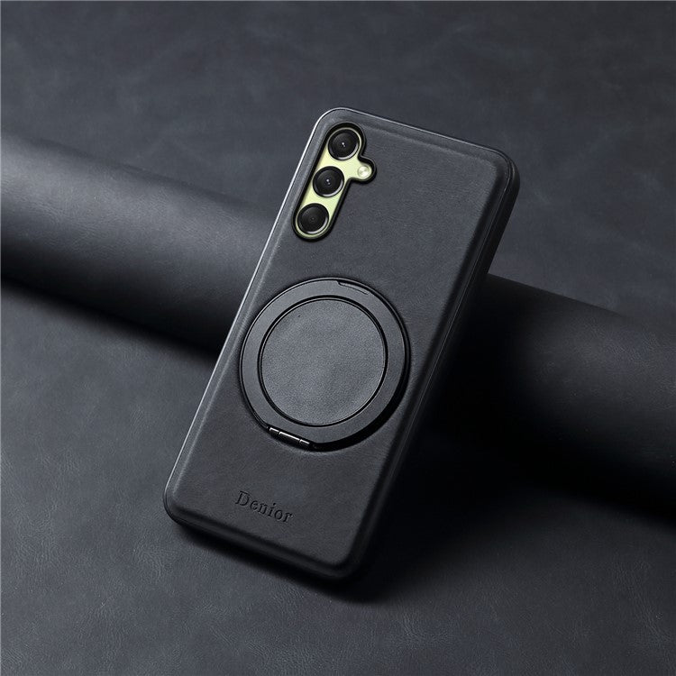 DENIOR A14 For Samsung Galaxy A16 5G / 4G Magnetic Case Rotary Kickstand Leather PC TPU Phone Cover - Black
