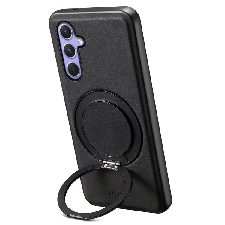 DENIOR A14 For Samsung Galaxy A35 5G Magnetic Case Rotary Kickstand Leather PC TPU Phone Cover - Black