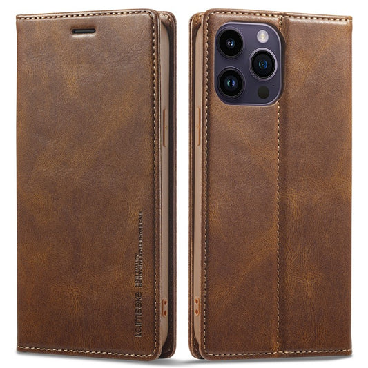 LC.IMEEKE For iPhone 14 Pro Max RFID Blocking Phone Case Magnetic Closure PU Leather Wallet Stand Cover - Brown