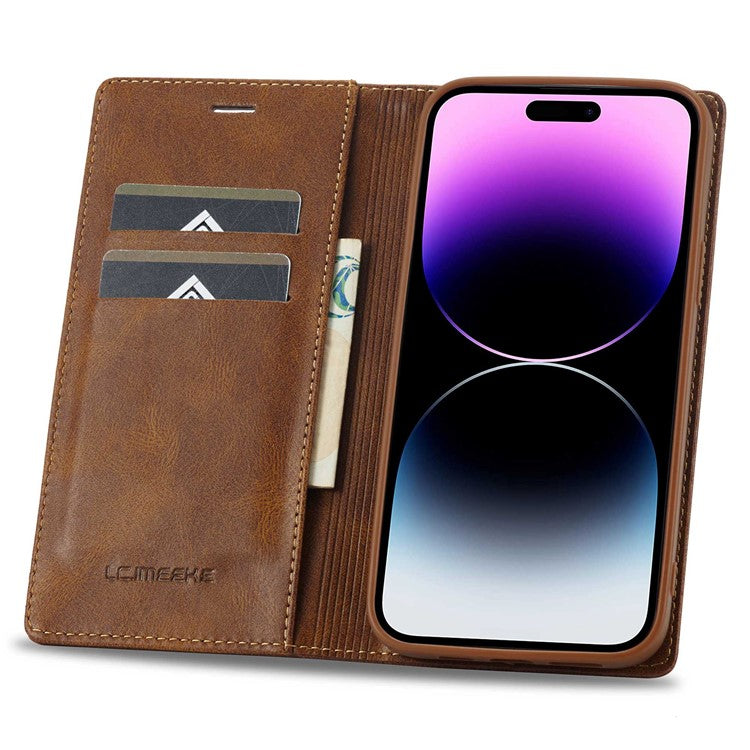 LC.IMEEKE For iPhone 14 Pro Max RFID Blocking Phone Case Magnetic Closure PU Leather Wallet Stand Cover - Brown