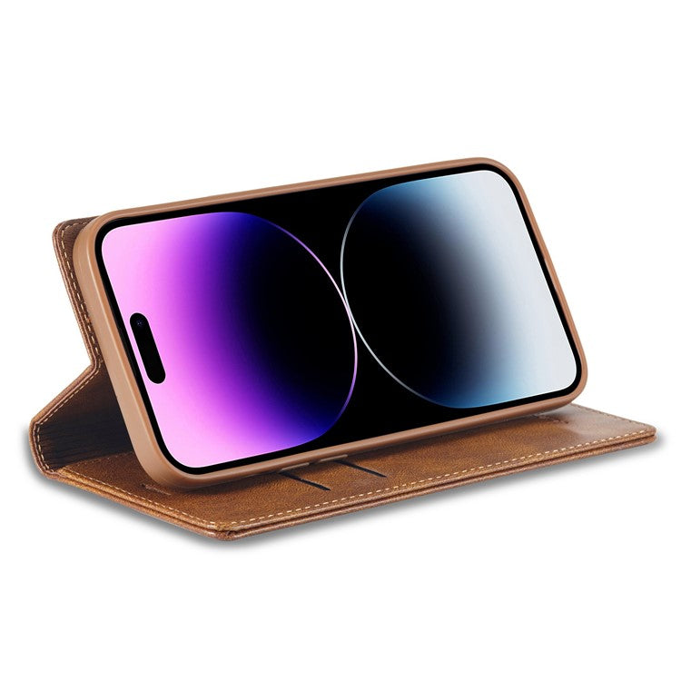 LC.IMEEKE For iPhone 14 Pro Max RFID Blocking Phone Case Magnetic Closure PU Leather Wallet Stand Cover - Brown